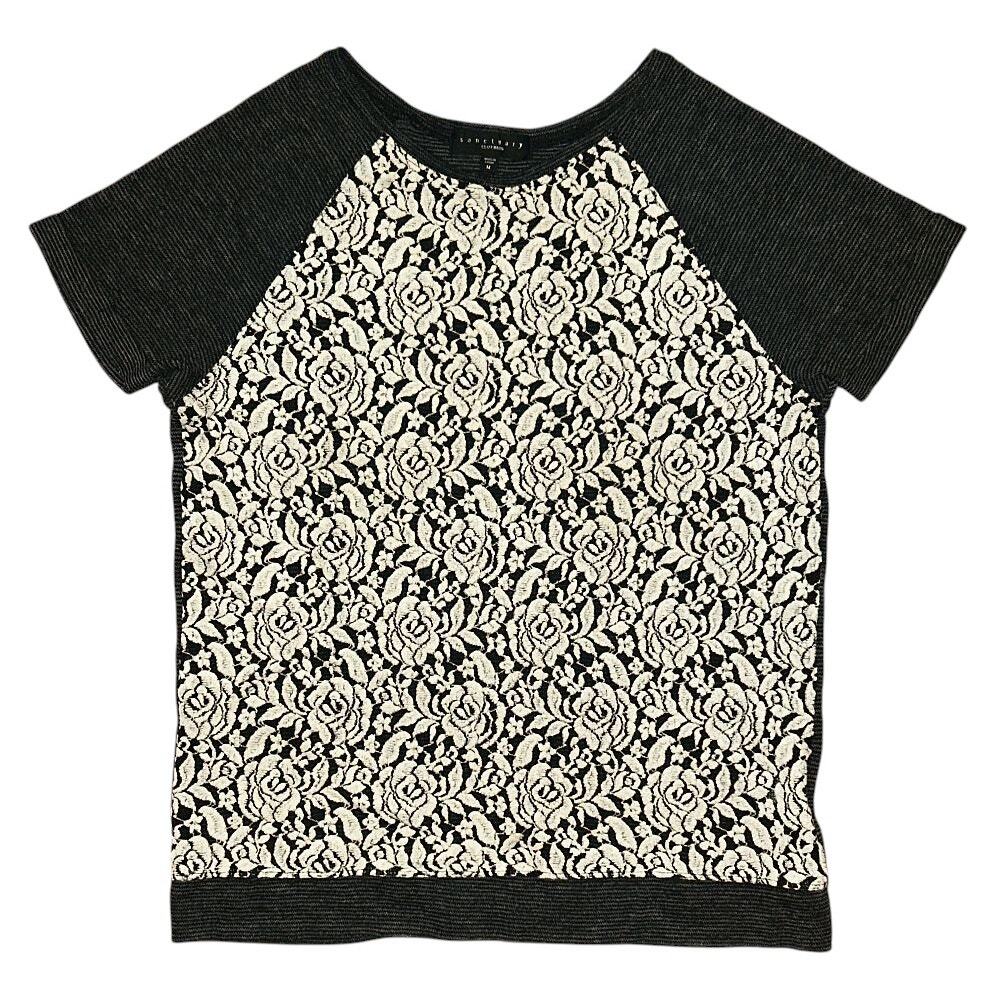 Sanctuary Semi-Sheer Lace Front Rose Design Gray & Cream Top Medium